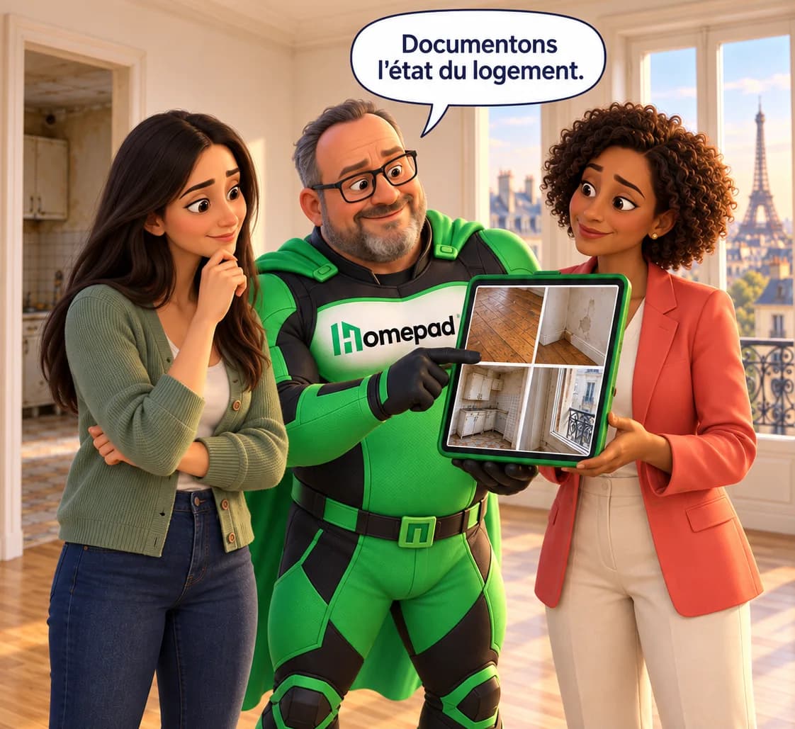 Le héros de Homepad présente sur tablette les photos de l'état du logement à une conseillère immobilière et à une cliente