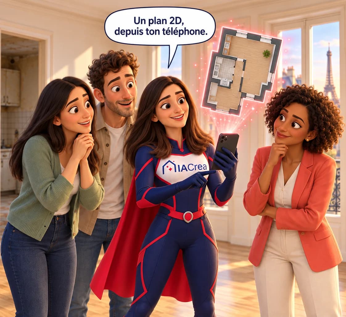 La héroïne d'IACrea génère un plan 2D de l'appartement depuis son téléphone devant des clients émerveillés