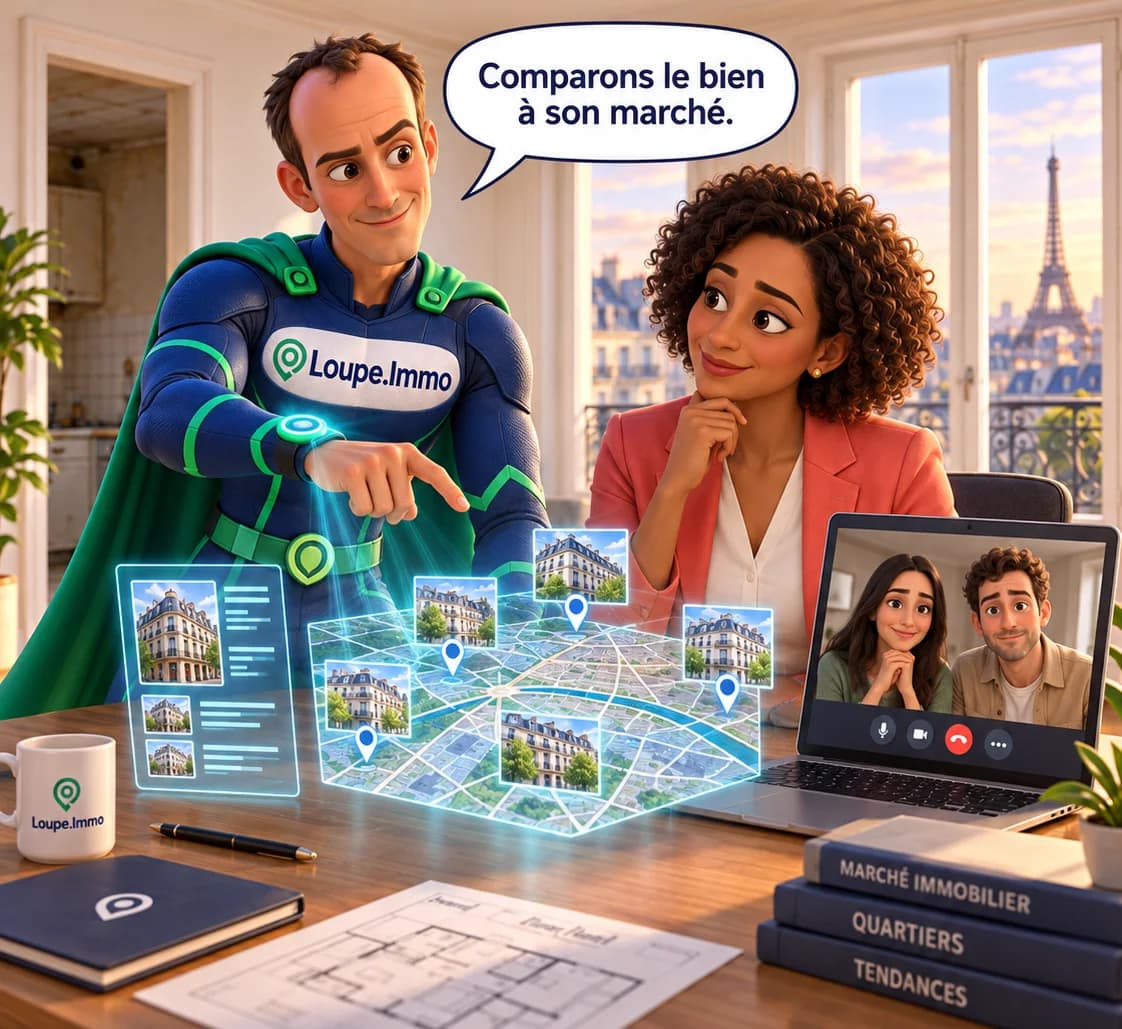 Le héros de La Loupe Immo projette une carte holographique des biens comparables du quartier à côté d'une conseillère immobilière