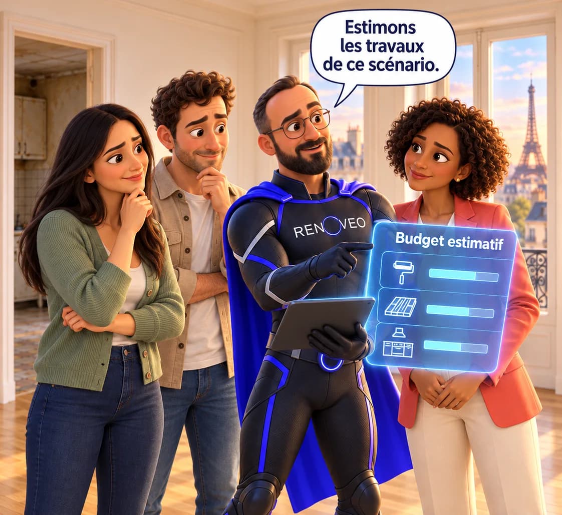 Le héros de Renoveo présente un budget travaux estimatif en hologramme à des acquéreurs et à leur conseillère